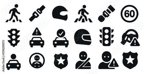 Road and traffic solid icons set – silhouette, filled, safety and navigation symbols