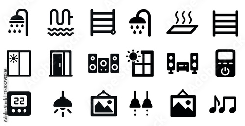 Home utilities solid icons set – filled, flat, household equipment and fixtures