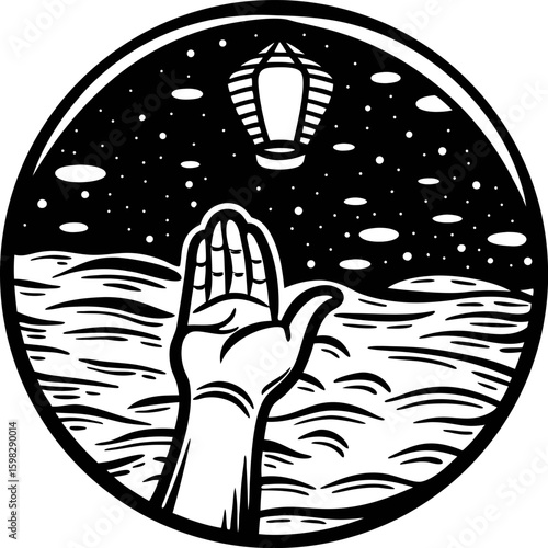 Outstretched hand releasing paper lantern into starry night sky over flowing waves, black and white linocut