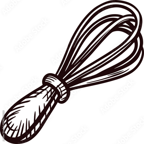 Hand drawn vintage wire whisk with wooden handle retro kitchen utensil illustration in engraving