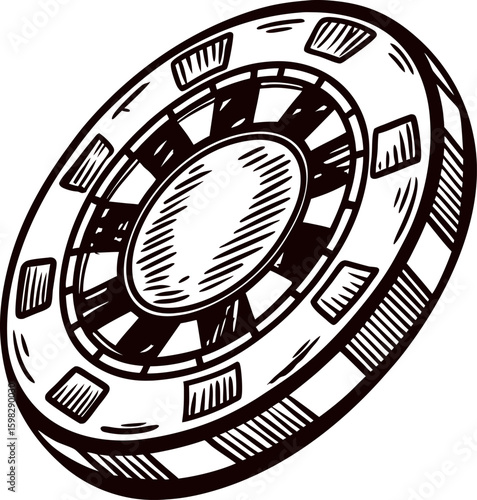 Hand drawn casino poker chip illustration in vintage engraved isolated on white background