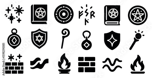 Magic and fantasy solid icons set – filled, mystical, wizardry symbols for design
