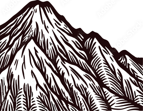 Hand drawn mountain peak illustration engraved alpine summit with detailed slopes and bold black ink linework