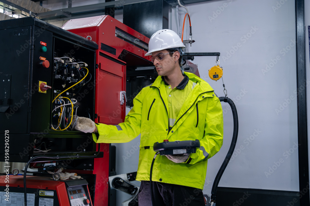 Worker in safety gear examines electrical equipment in a modern industrial facility during daytime tasks Worker in safety gear examines electrical equipment in a modern industrial facility during daytime tasks