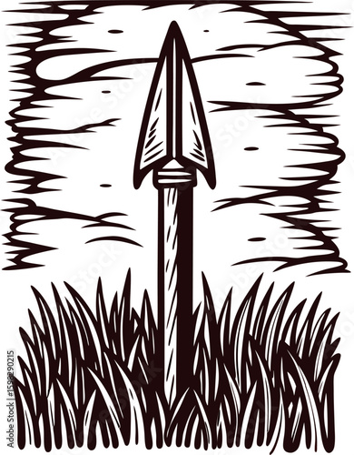 Hand drawn vintage spearhead in tall grass with rustic wooden background illustration