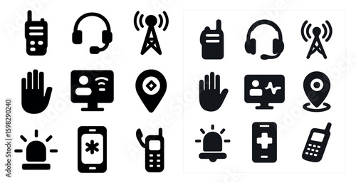 Communication and technology solid icons set – filled, devices, digital symbols
