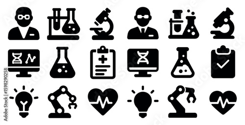 Science and research solid icons set – lab, experiment, healthcare symbols