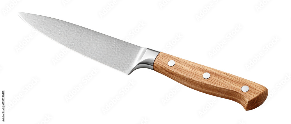A chef's knife with a sharp stainless steel blade and a polished wooden handle secured with three rivets. A chef's knife with a sharp stainless steel blade and a polished wooden handle secured with three rivets.