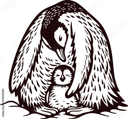 Emperor penguin parent sheltering chick with wings in monochrome hand drawn illustration