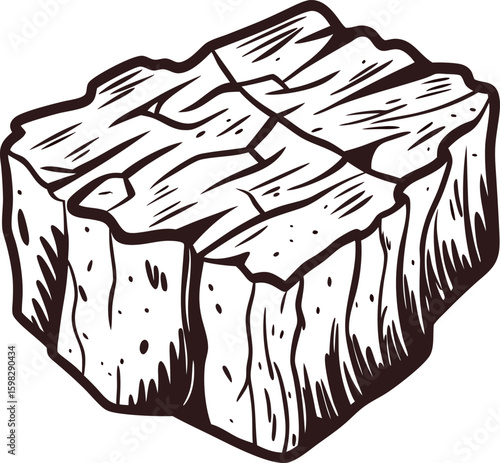 Hand drawn wooden log block with natural bark and cracked surface isolated on white background illustration