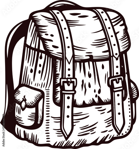 Vintage engraved sketch of a classic travel backpack with front pocket and straps in hand drawn