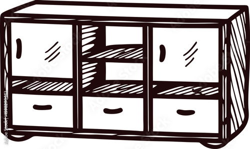 Hand drawn wooden sideboard cabinet with drawers and shelves isolated on white background illustration