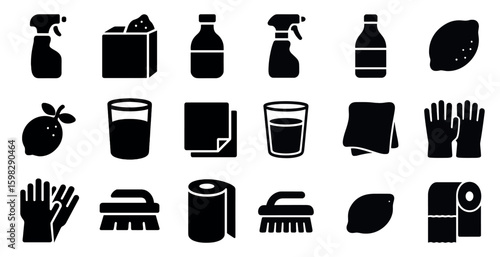 Cleaning and hygiene solid icons set – flat, filled, sanitation and housekeeping symbols