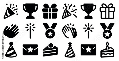 Celebration and party solid icons set – filled, festive, event and jubilation symbols