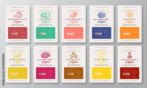 Family Recipe Fruit, Berries and Nuts Liquor Acohol Labels Collection. Abstract Vector Packaging Design Layouts Set. Modern Typography Banners with Hand Drawn Logo and Background.