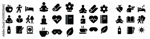 Wellness and relaxation icons set – solid, filled, meditation and spa symbols