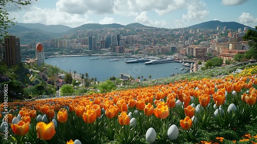 Panoramic view of a city harbor with vibrant orange tulips.