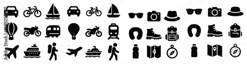 Travel and tourism silhouette icons set – solid, filled, vacation symbols