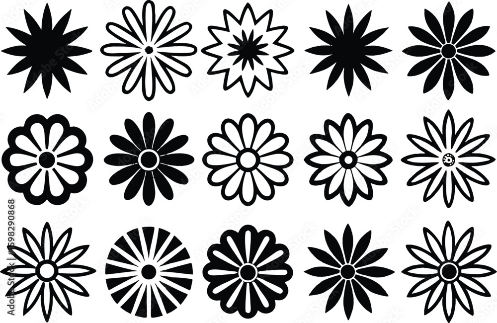 Black floral motifs on white background flower pattern Black floral motifs on white background flower pattern