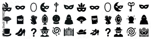 Mystery and disguise solid icons set – filled, masquerade, and intrigue symbols