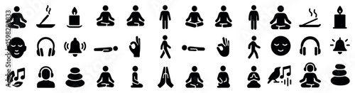 Meditation and wellness icons set – solid, filled, relaxation and mindfulness symbols