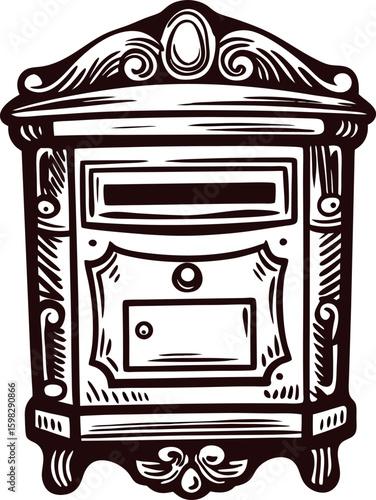 Elegant vintage mailbox with ornate decorative details hand drawn antique postbox illustration in classic engraved