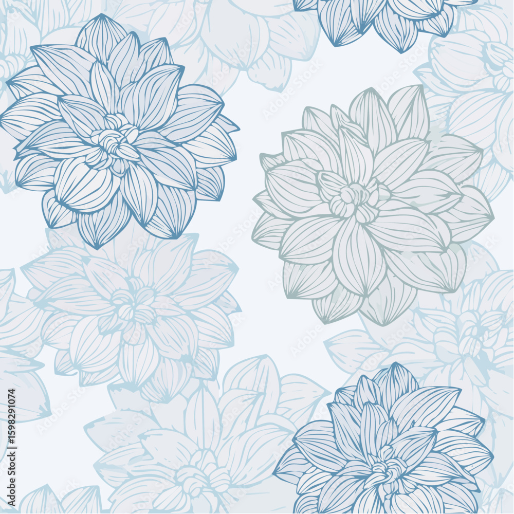 Fototapeta premium A delicate seamless vector pattern featuring hand-drawn blue dahlia flowers. An elegant vintage floral line art background illustration.