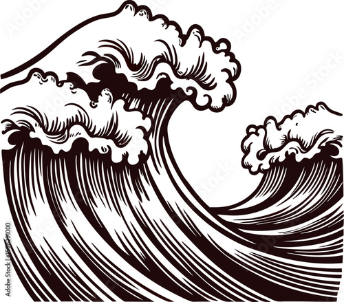 Engraved illustration of powerful ocean waves curling and crashing with detailed vintage linework