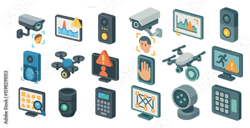 Security and surveillance 3d icons set – modern, digital monitoring symbols