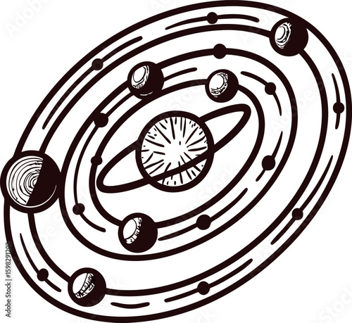 Engraved illustration of solar system planets and orbits circling sun in vintage scientific astronomy