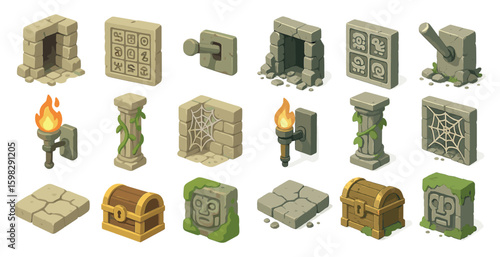 Ancient ruins isometric icons set – pixel art, archaeology, historical symbols