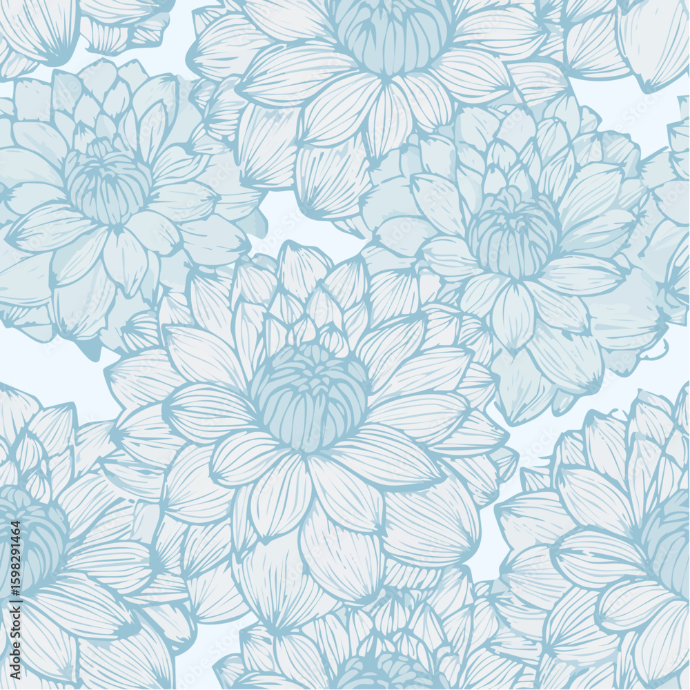 Fototapeta premium Elegant Light Blue Dahlia Vector Floral Seamless Pattern