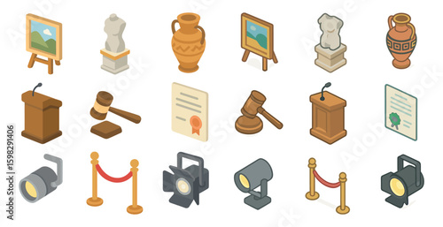 Museum and exhibition icons set – isometric, 3d, gallery and display symbols