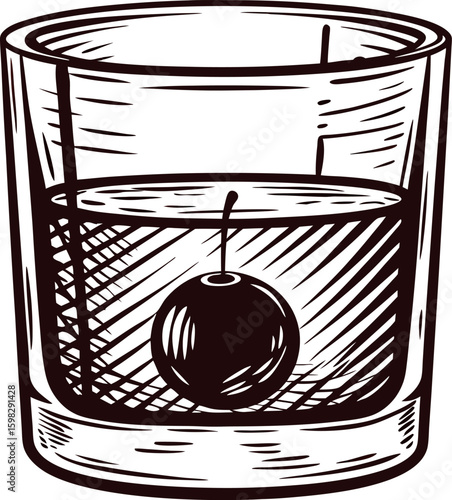 Hand drawn whiskey glass with cherry garnish isolated on white background vintage engraved illustration