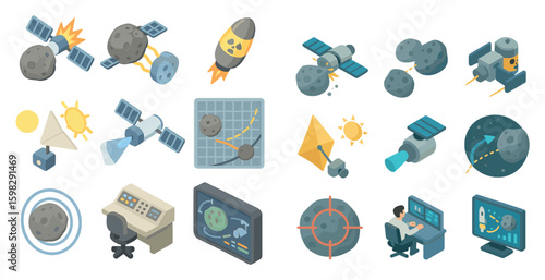 Space exploration icons set – isometric, 3d, asteroid and satellite graphics
