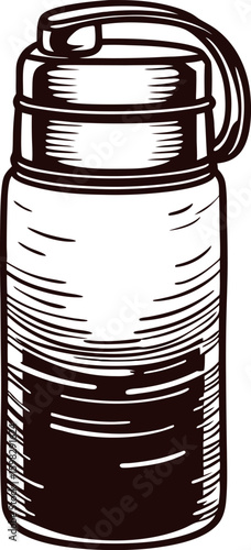 Hand drawn metal insulated water bottle with lid vintage engraved sketch on white background