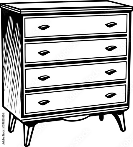 Vintage wooden four drawer dresser illustration isolated on white background detailed hand drawn