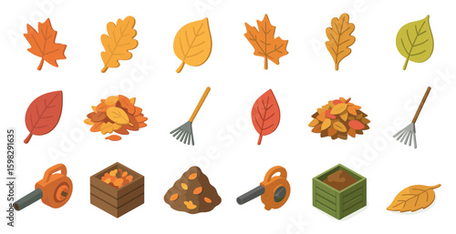 Autumn and fall outline icons set – leaves, garden tools, seasonal symbols