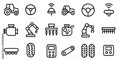 Agriculture and farming linear icons set – outline, machinery, cultivation tools