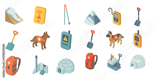 Winter adventure icons set – isometric, alpine, snow safety symbols for travel