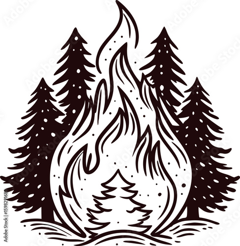 Stylized wildfire flame and pine trees illustration forest fire concept with burning woods and dramatic nature elements