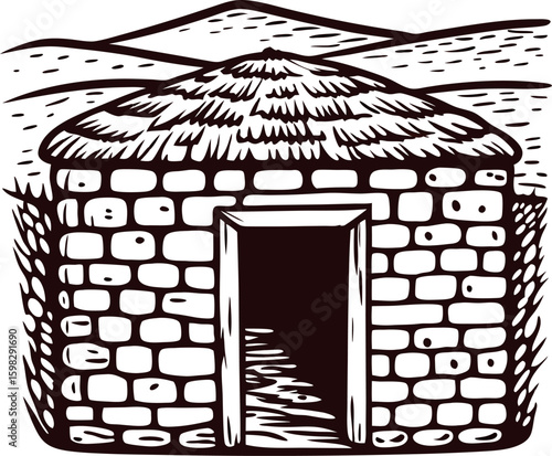 Hand drawn round stone hut with straw roof and open doorway in hilly rural landscape illustration