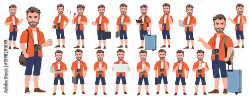 Traveler character model sheet, Character poses, expressions, Walk cycle, Run cycle animated character sequences.