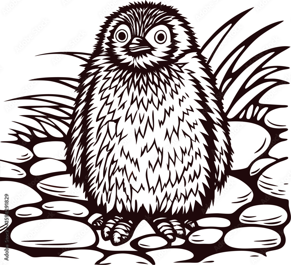 Fototapeta premium Black and white engraved illustration of fluffy baby bird standing on rocks with grass in background