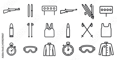 Winter sports linear icons set - line, outline, biathlon and skiing symbols