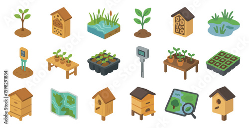 Gardening and horticulture icons set – isometric, filled, garden tools and plants