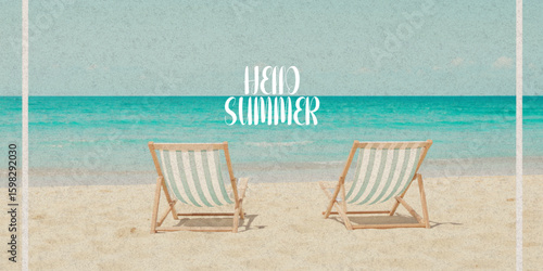 Abstract summer minimal horizontal poster, cover, banner, card with bright sea, blue sky and striped beach chairs. Summer holidays, journey, vacation travel illustration.
