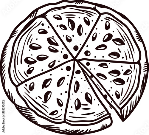 Hand drawn illustration of whole pizza with sliced pieces and visible toppings isolated on white background
