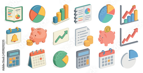 Financial and business icons set – isometric, 3d, charts and money symbols collection