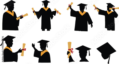 Vector art of silhouettes of graduates in gowns and caps holding diplomas isolated on white background